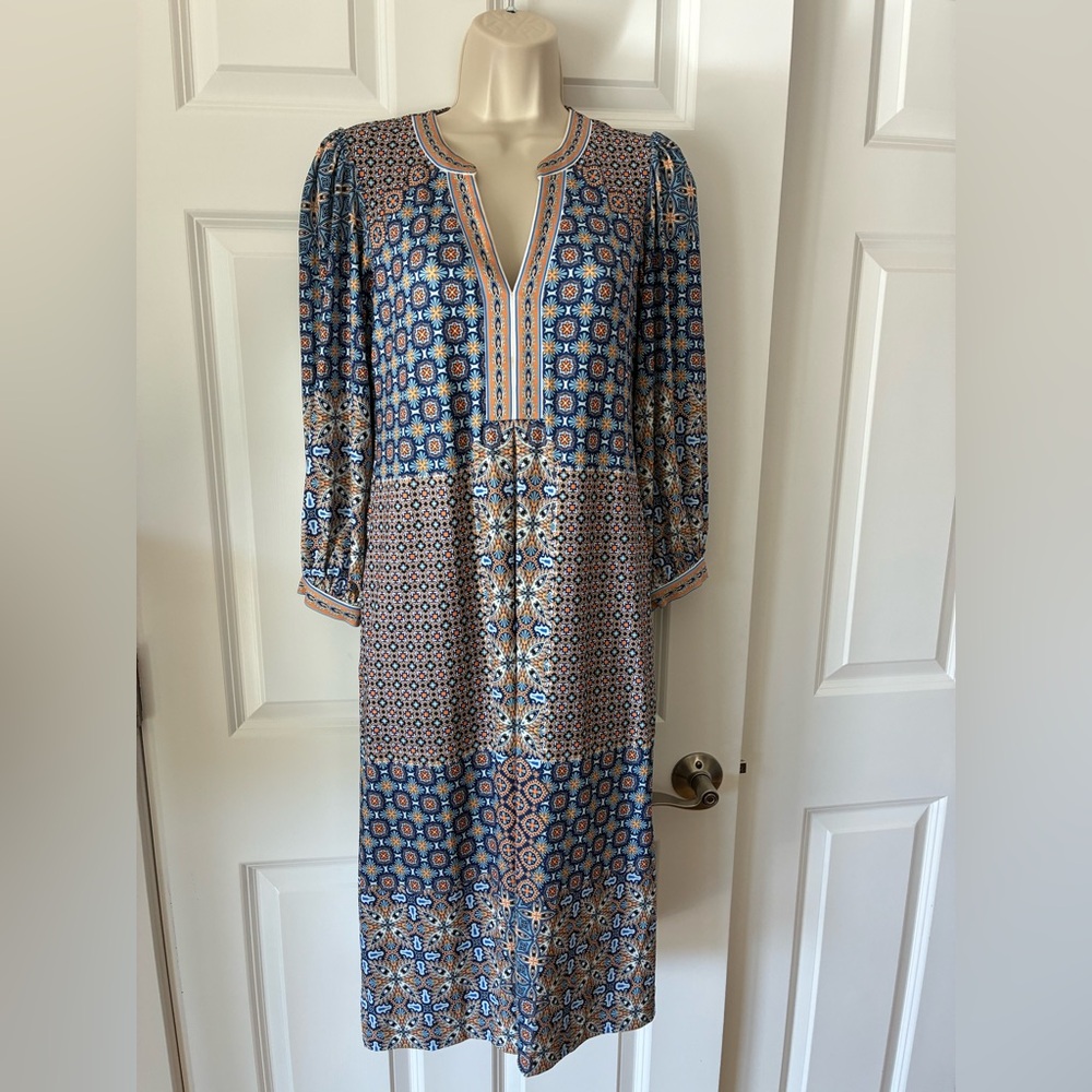 Hale Bob Blue and Cream Geometric Long Sleeve Dress